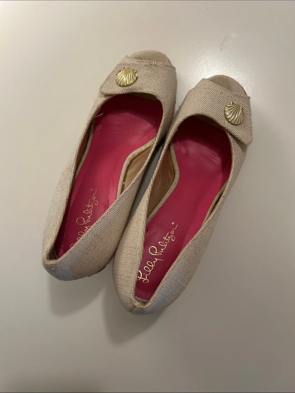 Lilly Pulitzer Beige Canvas Shell-Embellished Flats with Pink Insole